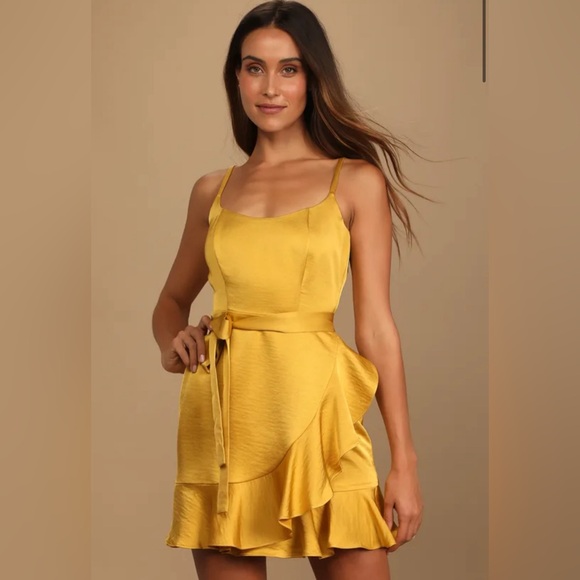 Lulus Glamorous Lifestyle Mustard Yellow Satin Faux-Wrap Mini Dress NWT - Picture 3 of 9